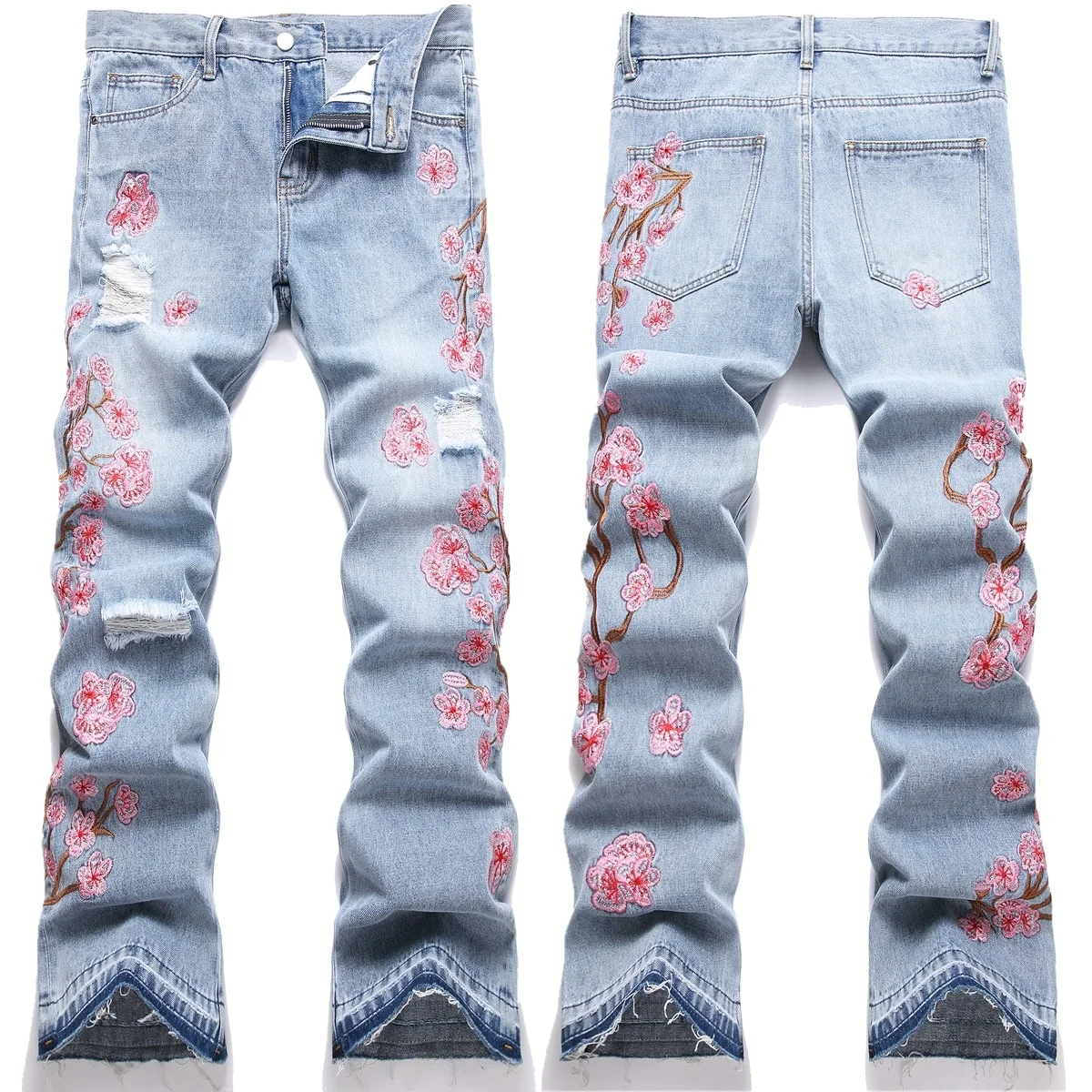 

Men's Bell Bot Jeans Embroidered Plum Blossom Street Faion Blue Denim Long Pants mid Waist Zipper Closure Cotton 00%