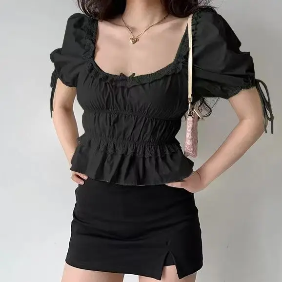 

Square Neck Bubble Sleeve Shirt Women's Summer Short Card Waist Pleated Shirt High-end Tender Yellow Top