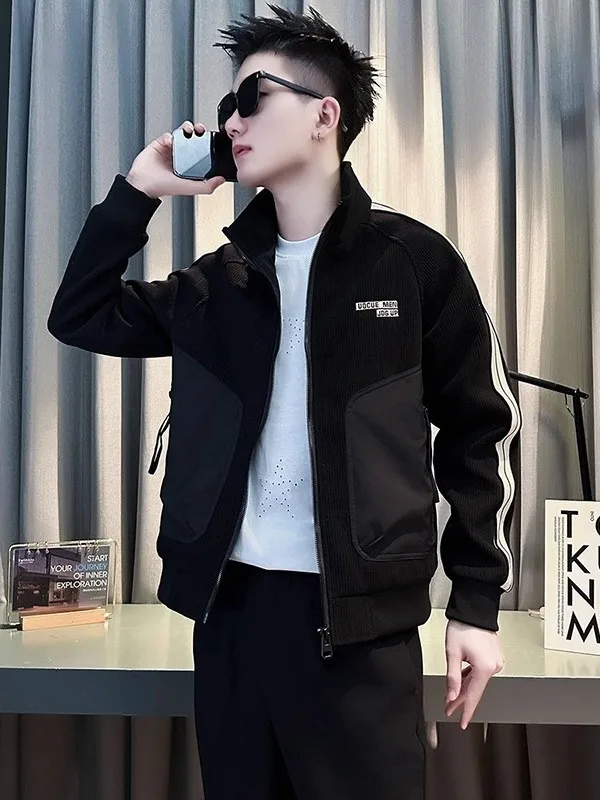 

Мужская модная куртка с воротником-стойкой и вставками, ветрозащитная, молодежная, стандартный крой, с длинными рукавами, на молнии