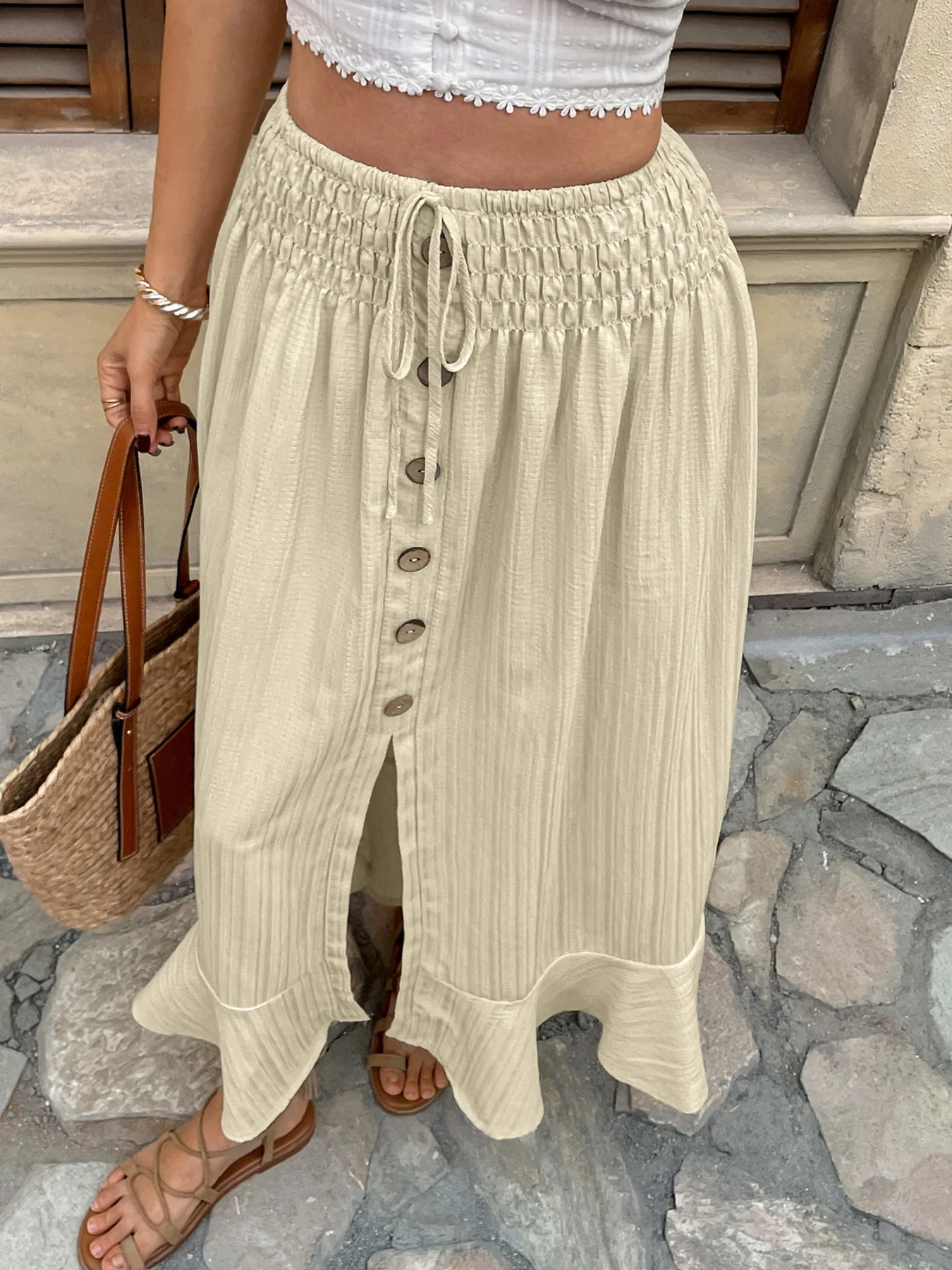 

New Womens Retro Elastic Waist Button Split Skirt for Versatile Daily Wear Summer Women's Fashion Apricot Ruffled Skirts