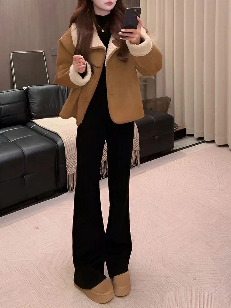 

Double-Sided Wear Leather Fur Inteated ort Jaet Women's Loose Warm Thi Winter Lazy Sle Long Sve Top Coat