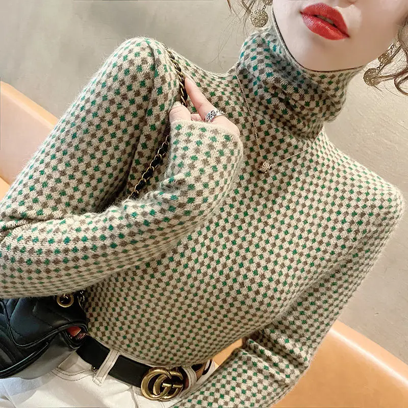 Fashionable High Elasticity Christmas Green Red Colour Spliced Diamond Check Pattern Sweaters Slim Turtleneck Autumn Winter Wild