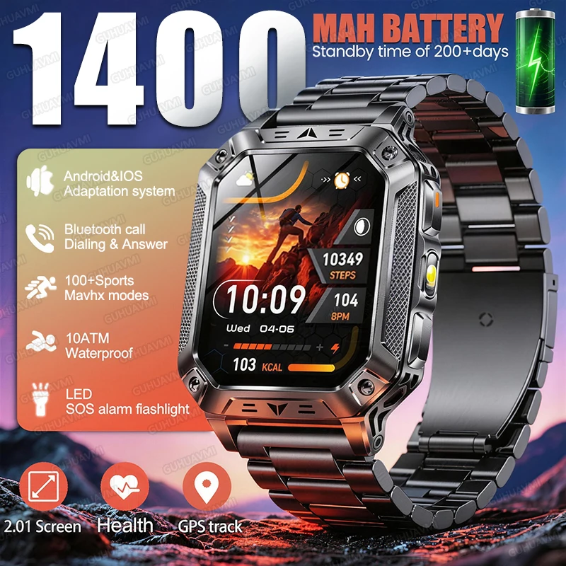 

Новые мужские военные умные часы для активного отдыха с GPS, аккумулятором 1400 мАч, водонепроницаемостью 10ATM, для плавания, с HD-экраном 2,01 дюйма и функцией Bluetooth-звонков