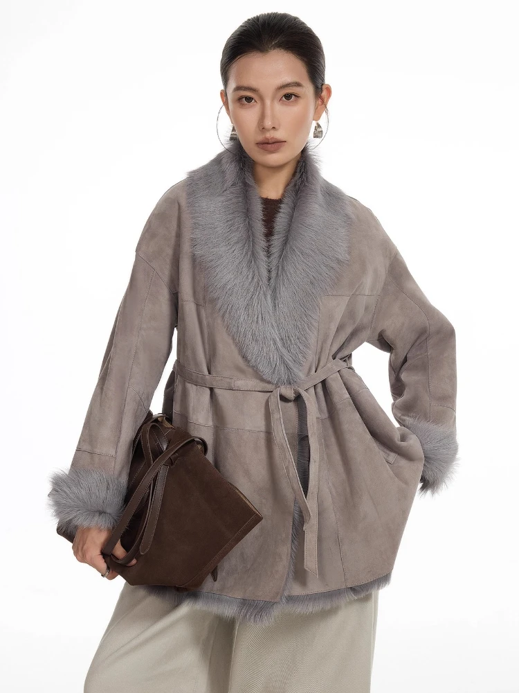 High-end luxe Toscana lamsbont winter suède jassen voor dames eenvoudige elegante lederen echt bont shearling jas met riem