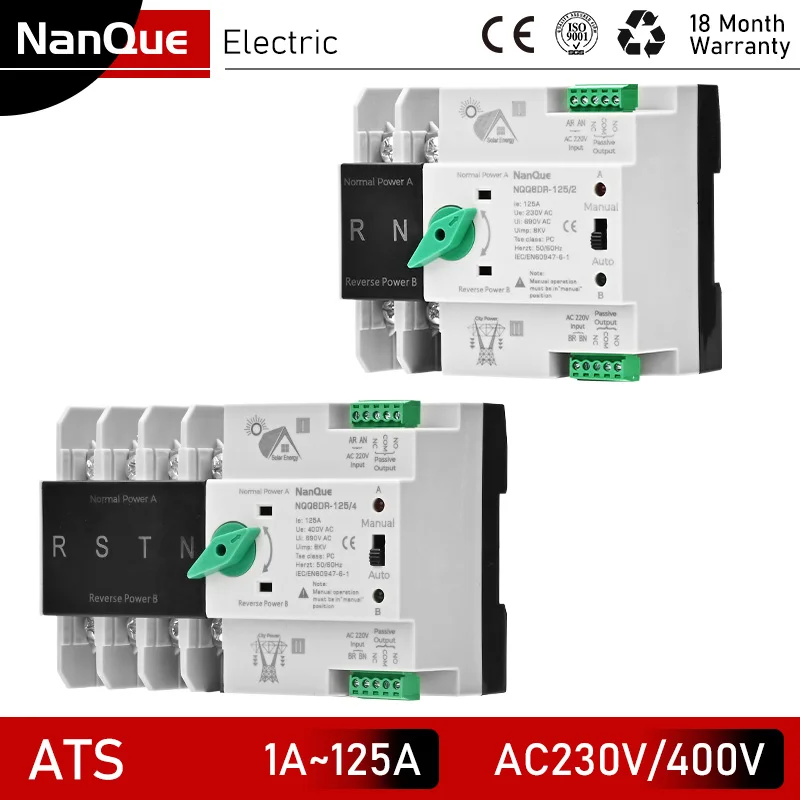 ATS Switch Dual Power Automatic Transfer 2P 125A 63A 100A AC DC Solar Inverter Circuit 3P 4P Three Phase 230V 400V No Diconnect