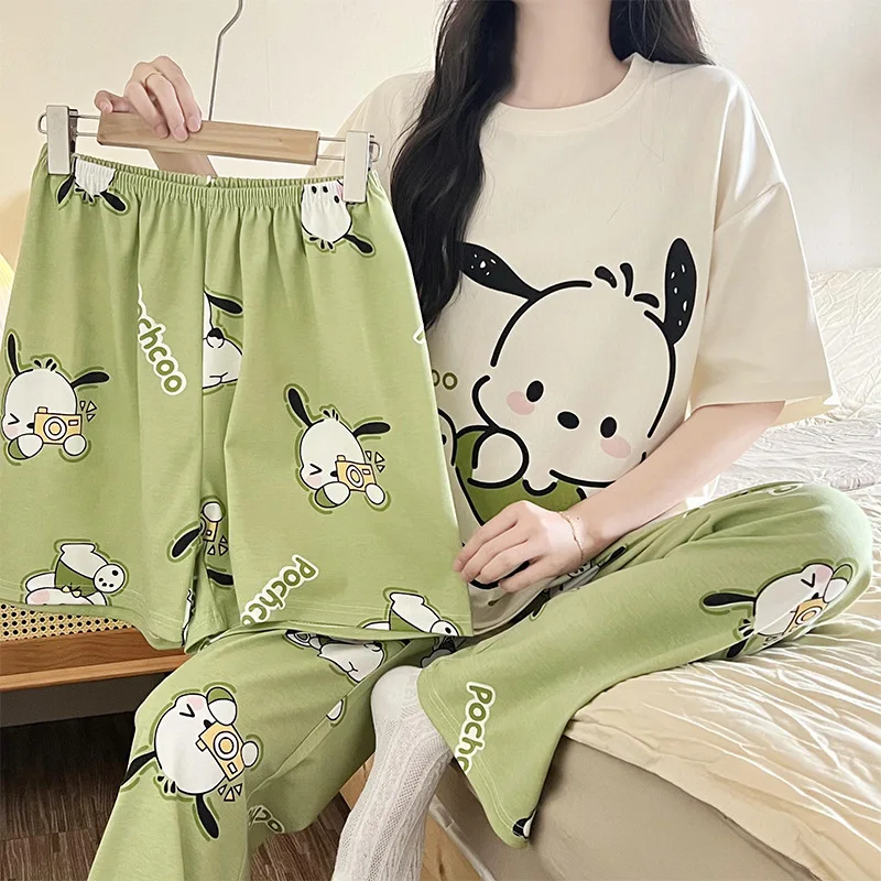 

Sanrio New Pochacco Pajama Set Kawaii Hellokitty Melody Cinnamoroll Four Seasons Short-Sleeved Shorts Trousers Three-Piece Set