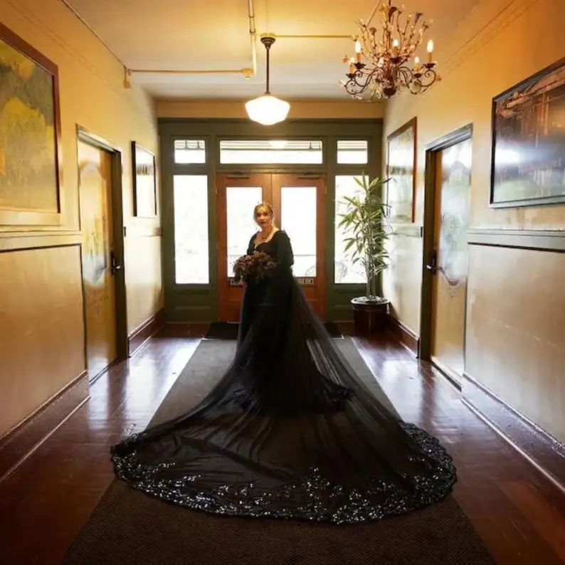 أسود الزفاف كيب طويل الزفاف كيب الأزهار كاتدرائية الحجاب بريق الكتف الحجاب فستان الزفاف الأسود تول أسود #3