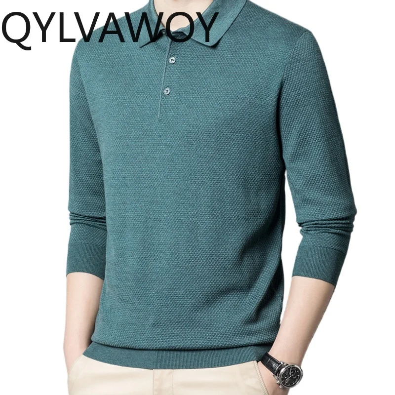 

QYLVAWOY 100% Cashmere Polo Shirts Loose Fit Polo T-shirt for Men Winter Autumn Clothes Underwear Men's Long Sleeve Top 2024