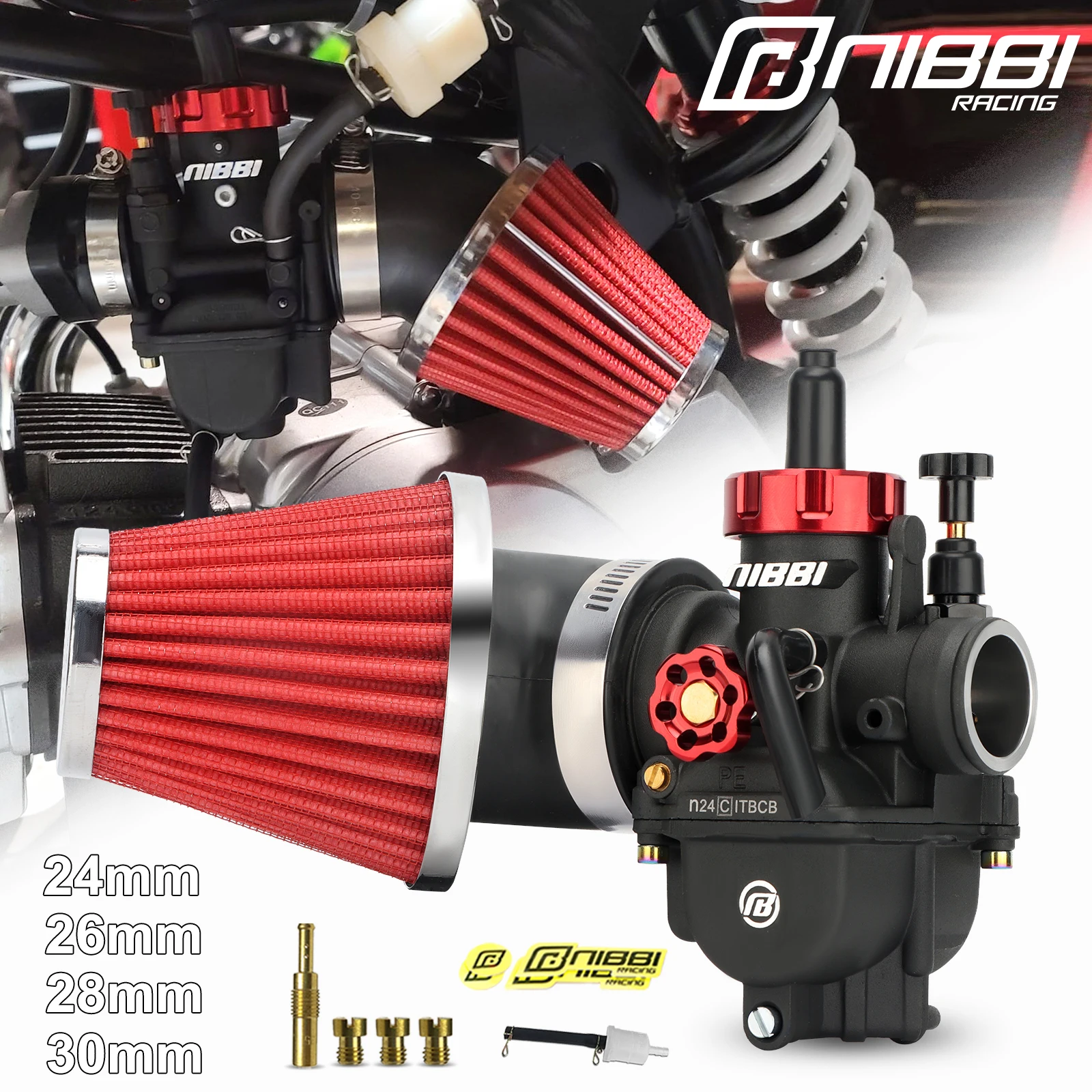 NIBBI Motorcycle PE Carburetor With Carb Jets Air Filter Kit PE24mm/26mm/28mm/30mm Carburetor For Honda 125cc-300cc Engine ATV