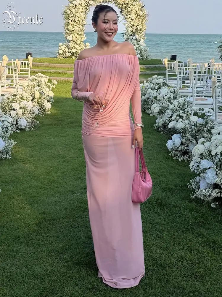 

Элегантное розовое длинное платье с открытыми плечами для женщин, облегающее макси-платье с драпировкой, с длинными рукавами, приталенное, для вечеринок, на день рождения, Vestidos