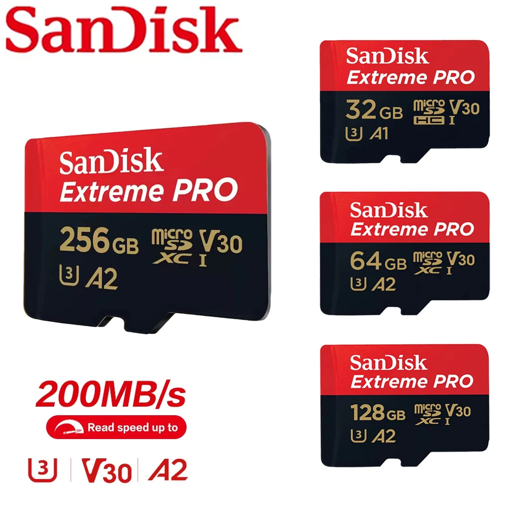 

Карта памяти SanDisk A2 Micro SD, U3 V30 Class 10 TF, скорость чтения 200 МБ/с, объем от 32 ГБ до 512 ГБ.