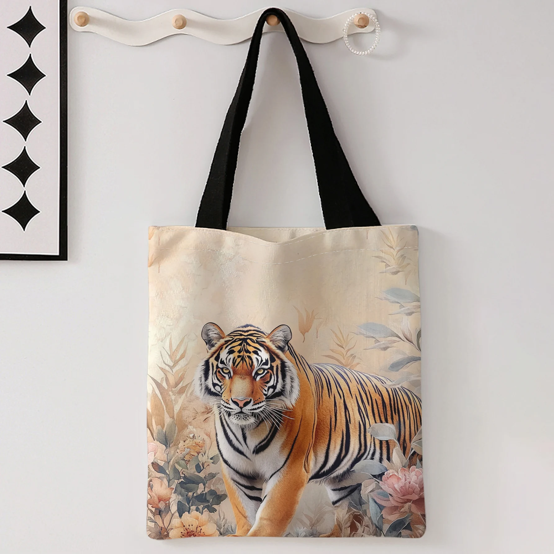 Vintage Floral Tiger Print Tote Bag With Black Handle Large Shoulder Handbag For Shopping Daily Commute