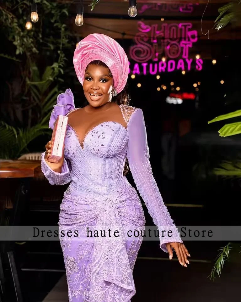 Lindo laço lilás africano tradicional vestido de noiva aso ebi vestidos de recepção de casamento preto feminino formal vestidos de festa personalizado