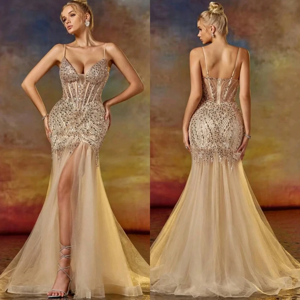 

Customized Exquisite Tulle V-Neck Evening Dress Elegant Mermaid Prom Dresses Temperament Sweep Train Special Occasion Gowns