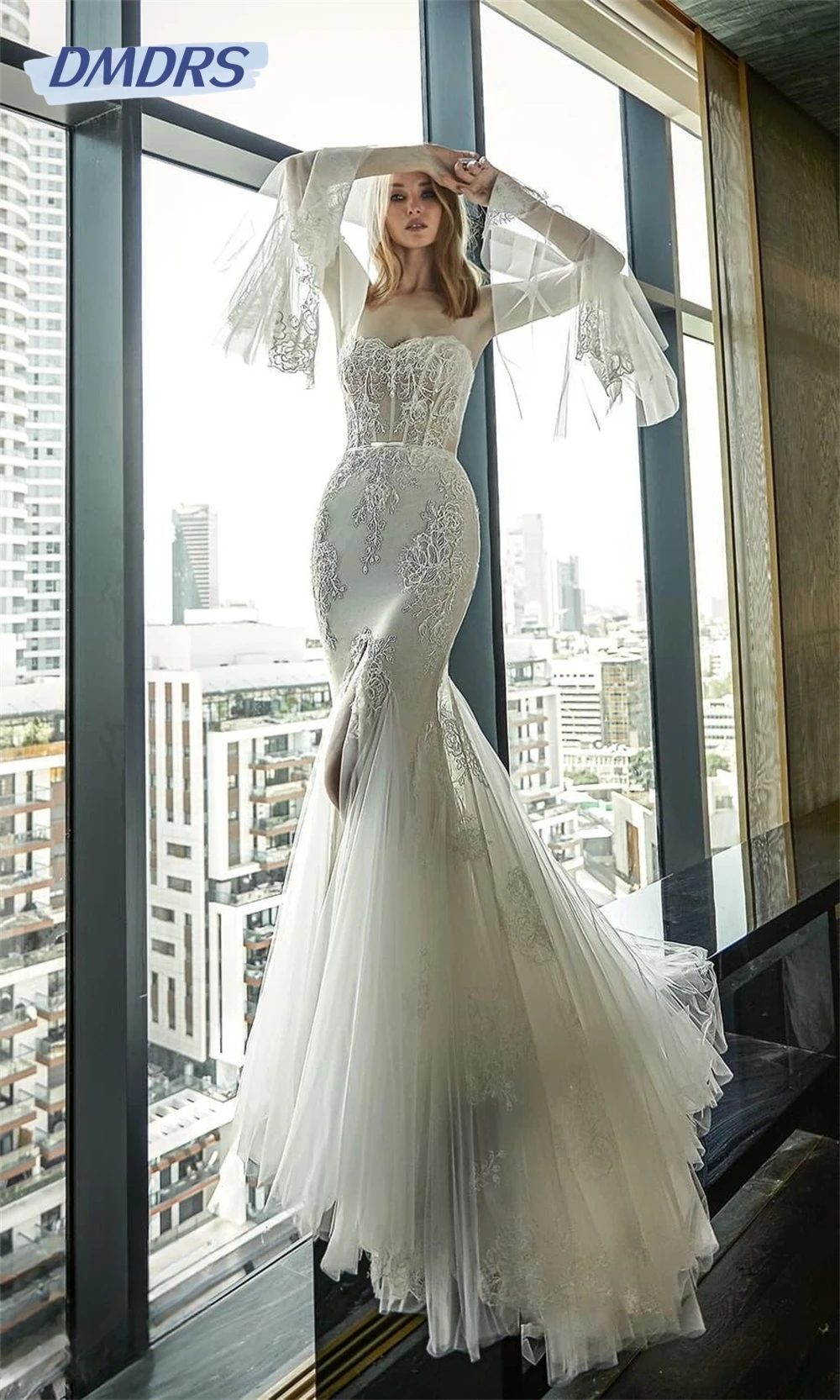 Elegant Mermaid Floor-length Bridal Gown Sexy Lace Backless Dresses Romantic Gowns With Detachable Sleeves Robes De Soirée