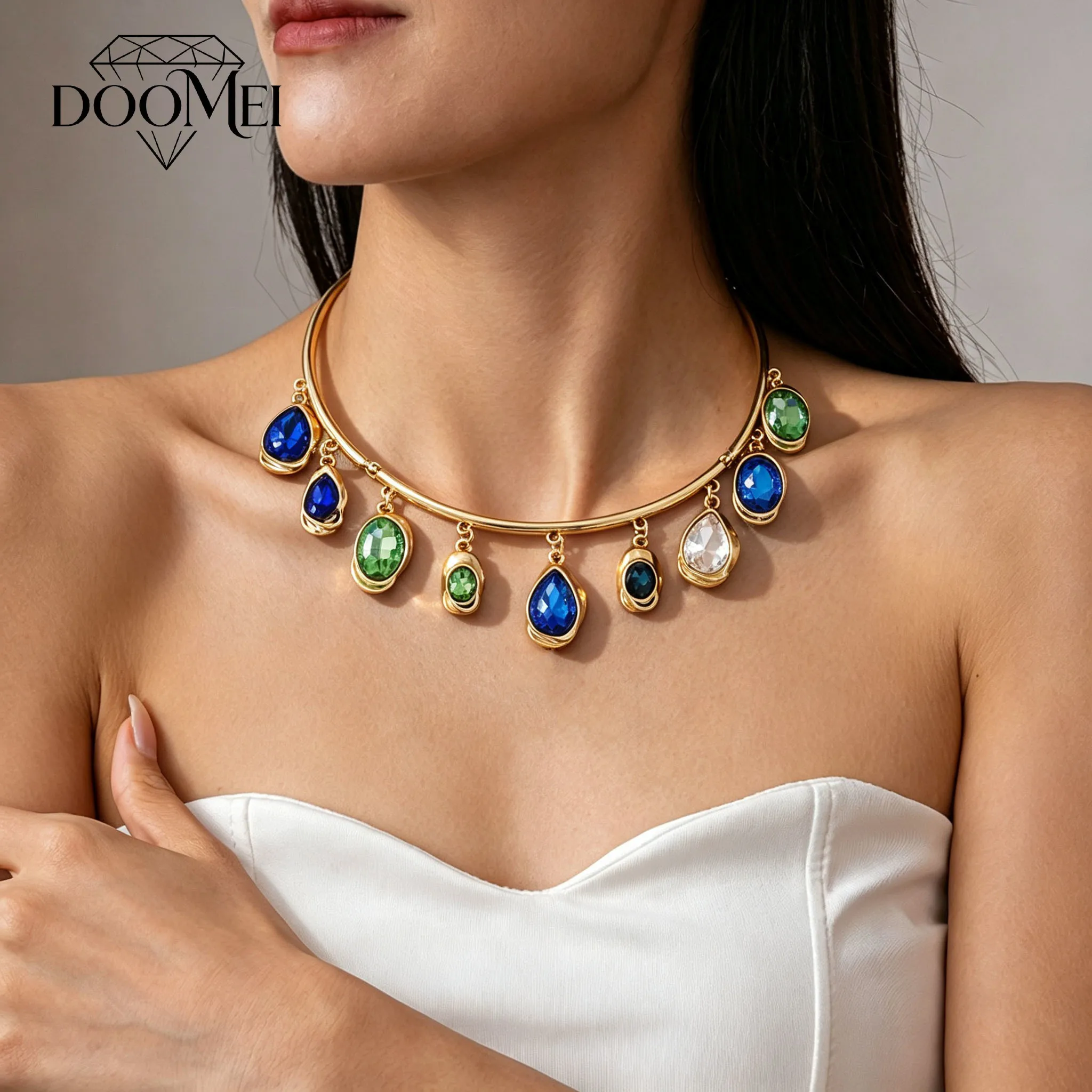 DOO MEI Luxury Water Drop Rhinestones Torques Necklace Women's Fashion Shiny Crystal Choker Collar Necklaces Banquet Jewelry