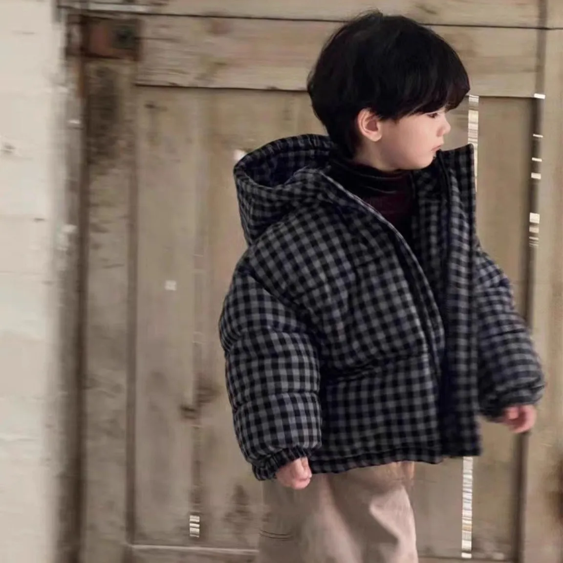 Boys Girls Padded Coat Thick Warm Childrens Wear Jacket Korean Kids Plaid Loose Fur Liner Fall Winter Medium Small