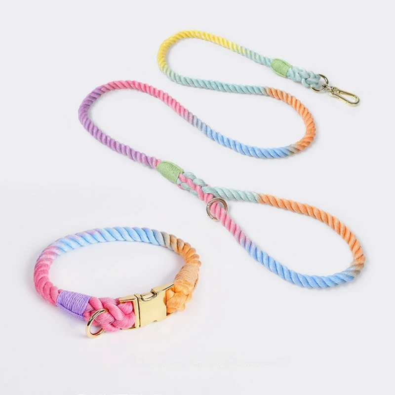 

Woven Gradient Color Cotton String Pet Traction Necklet Set Dog Hand Holding Rope Medium Large Dog Puppy Supplies Accessories