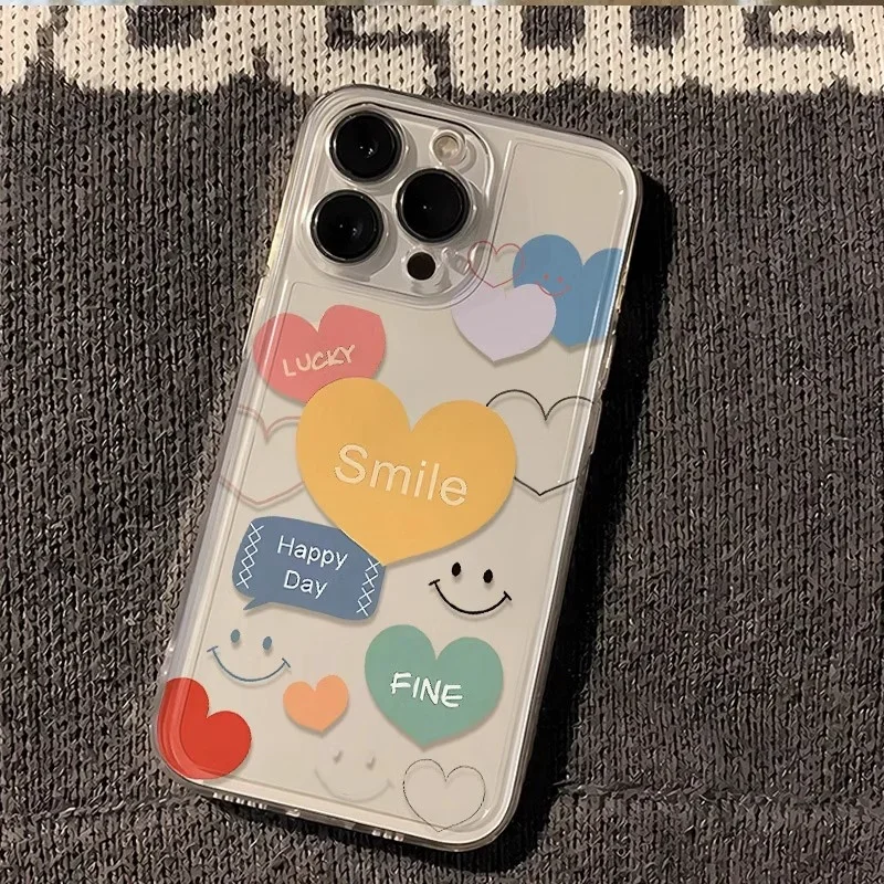 INS Colorful Love Heart Shaped Phone Case For iPhone 16 15 14 11 12 13 Pro Max Plus Mini XS XR 7 8 SE Smiling Clear Cover Fundas
