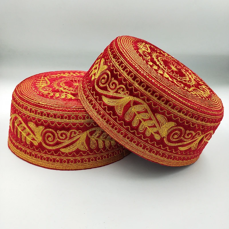Cappelli da preghiera musulmani Ricamo in cotone rosso Berretto Kufi Turbante Stile indiano per uomo Arabia Saudita Abbigliamento islamico Islamismo ebreo Cicatrice