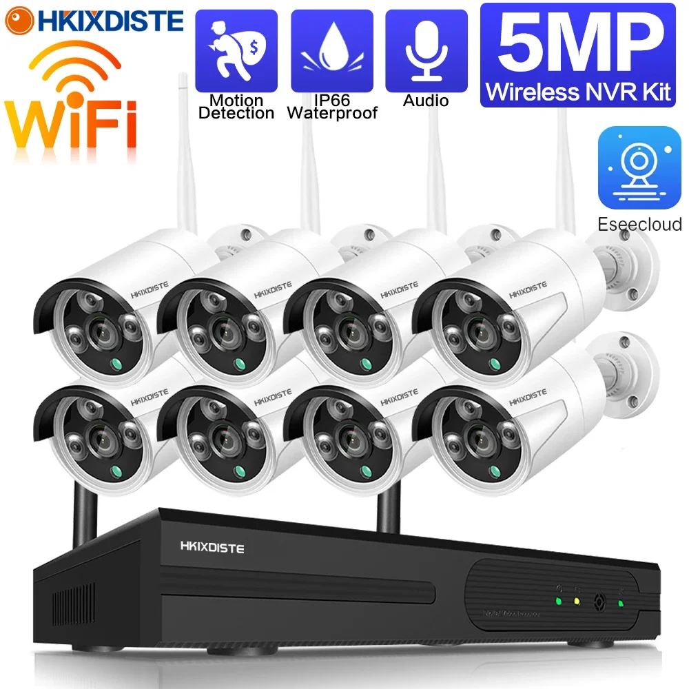 HKIXDISTE Outdoor Audio Security Camera Wifi Wireless System 5MP 8CH Wifi NVR Kit Waterproof IP Camera Video Surveillance Set