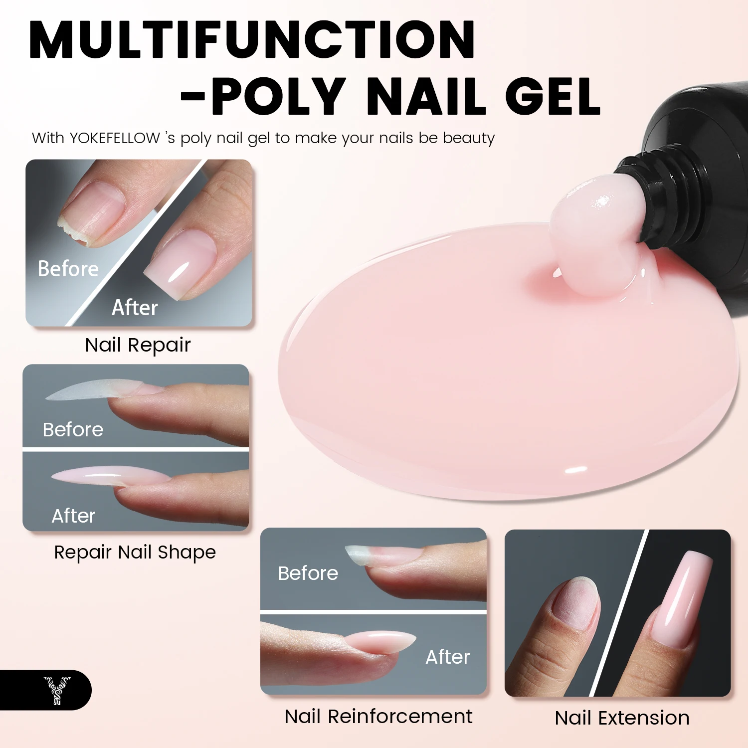 YOKEFELLOW 15g Extension Poly Nail Gel Soak Off UV LED Acrylic Crystal Champagne Pink Nude Gel Nail Polish UV Construction Gel