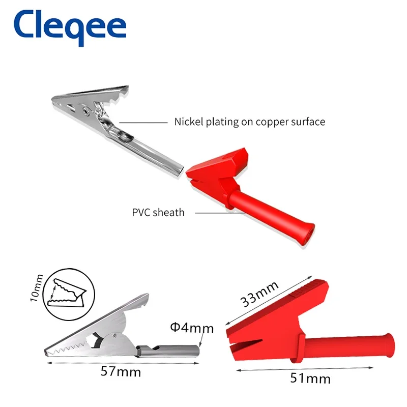 Cleqee-Heavy Duty Jacaré Clips, Crocodilo Clamp, Segurança Elétrica Test Clip, 4mm Soquete, 20A, 1000V, P2002, 10Pcs