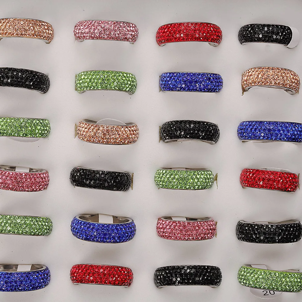 QianBei Wholesale 20pcs Full Size 5Rows Two Color Clear Crystal Stainless Steel Wedding Rings Fashion Jewelry Made New Arrival