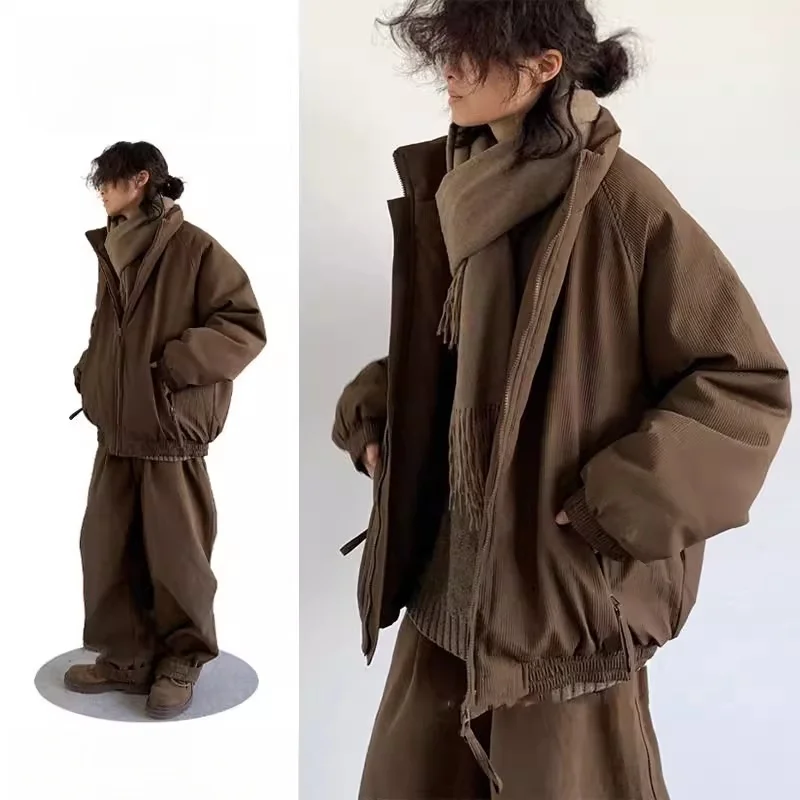 

ex Ретро хлопковое джет в вертикальную полоску, зимнее теплое пальто с хлебом, кофейного цвета, подходящее для всех мужских и женских пальто из полиэфирного волокна