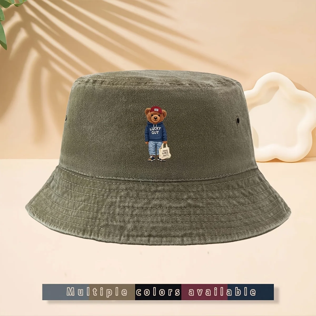 Fisherman Hat with LUCKY GUY Trendy Teddy Bear Prep Pattern, American Vintage Prep Collegiate Style, Cute and Fun High Street St
