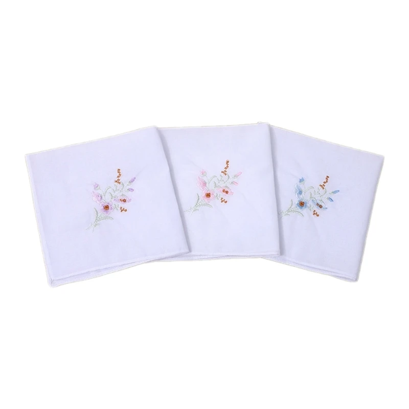 3pcs/set Practical Handkerchiefs Woman Washable Embroidery Flower Hankie Handkerchiefs for Adult Traveling Shopping