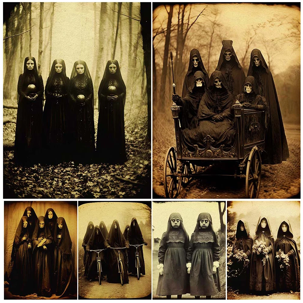 Vintage Witch Group Occult  Photography Art Poster And Print Creepy Victorian Photos Strange Wall Art Canvas Paitning Decoration