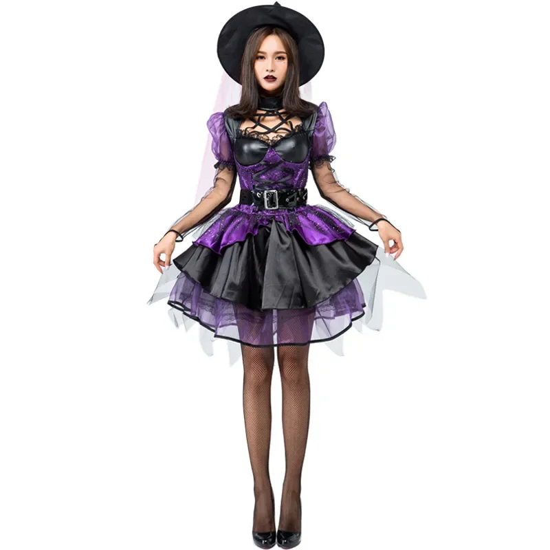 Gorgeous Amethyst Pentagram Neckline Witch Costume Purple Sequin Dress Halloween Classic Witches Costumes Cosplay