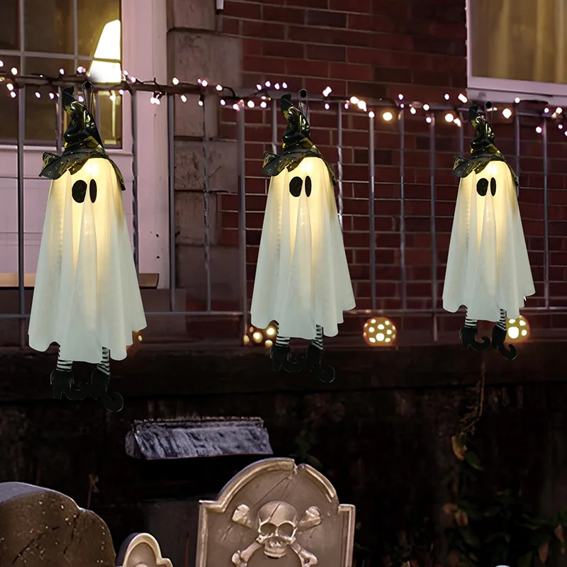 Halloween Hanging Ghost Decoration Outdoor Halloween Witches Hat Lights Glowing Ghosts for Garden Trees Yard Halloween Decor
