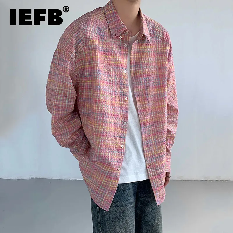 IEFB Autumn Men\'s Shirts Plaid Sponge Foam Turn-down Collar Long Sleeve Single Breasted Male Tops Korean Style Fashion 9C6716