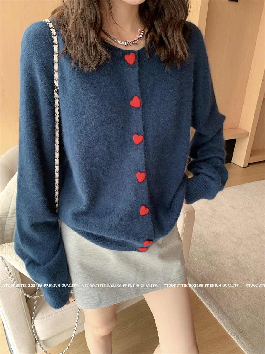 Summer Heart Shaped Buttons Sweater Cardigan Women O-Neck Long Sleeve Cardigans Autumn Tops Однобортні сорочки-свитера