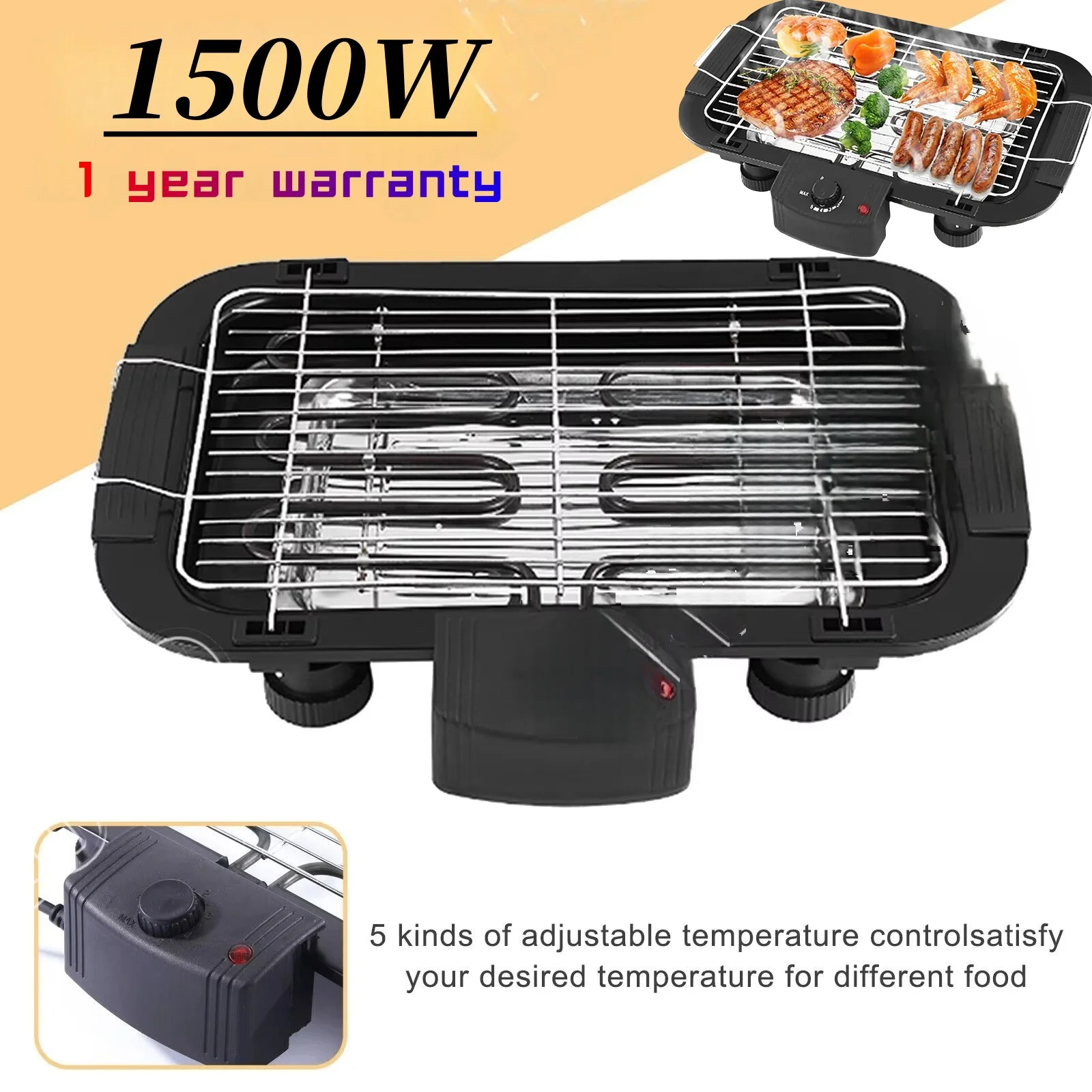 Electric smokeless barbecue grill, home cooking & adjustable temperature & non-stick pan with detachable grilling net