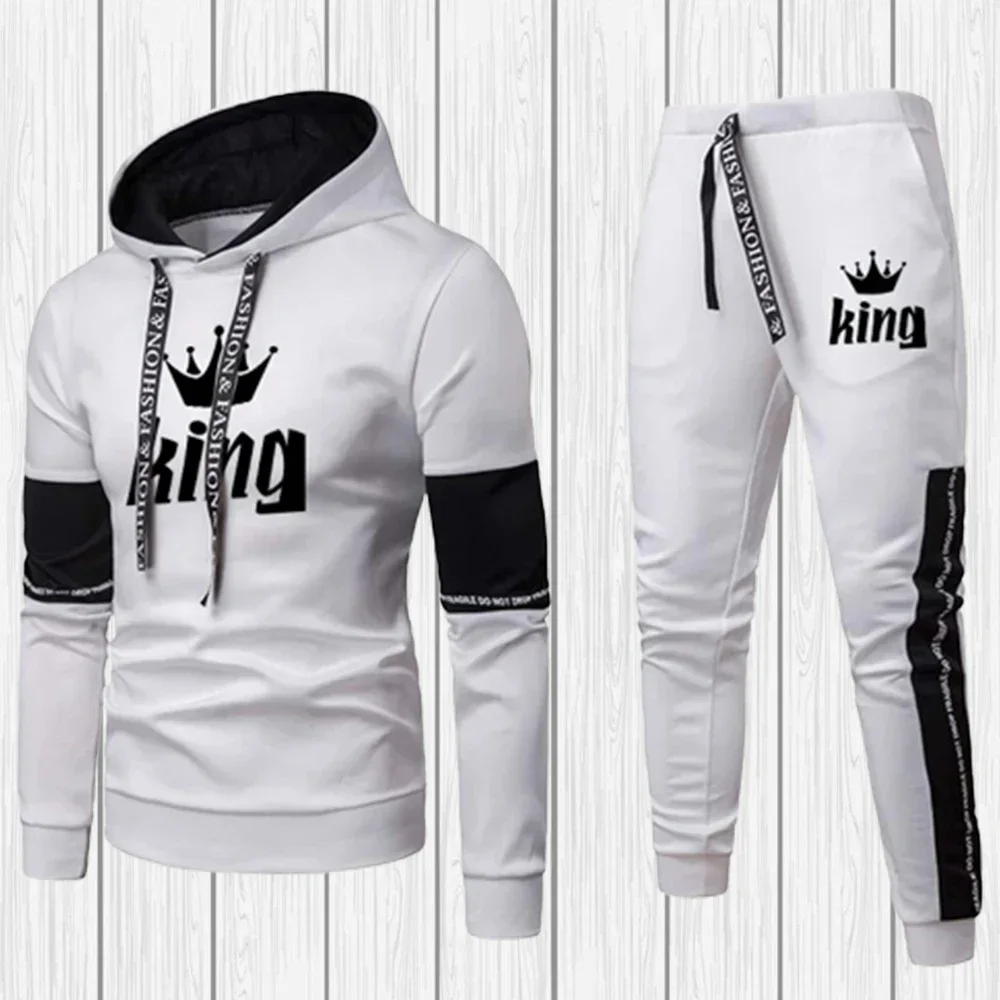 Mens Hooded Tracksuit King or Queen Print 2024 Lovers Hoodies Set Hoodies+Jogging Sweapants Unisex 2-PCS Suit Skiing Clothing