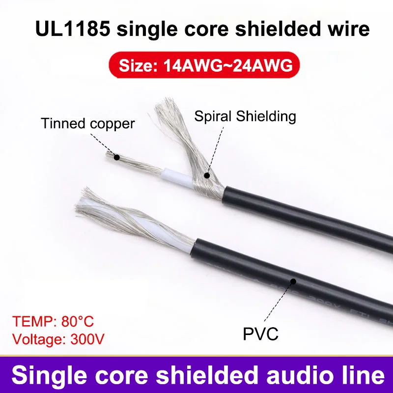 1M 28 26 24 22 20 18 16 14 12 10 AWG UL1185 Shielded Wire Signal Cable hannel Audio Single Core Electronic Wire Black/Grey