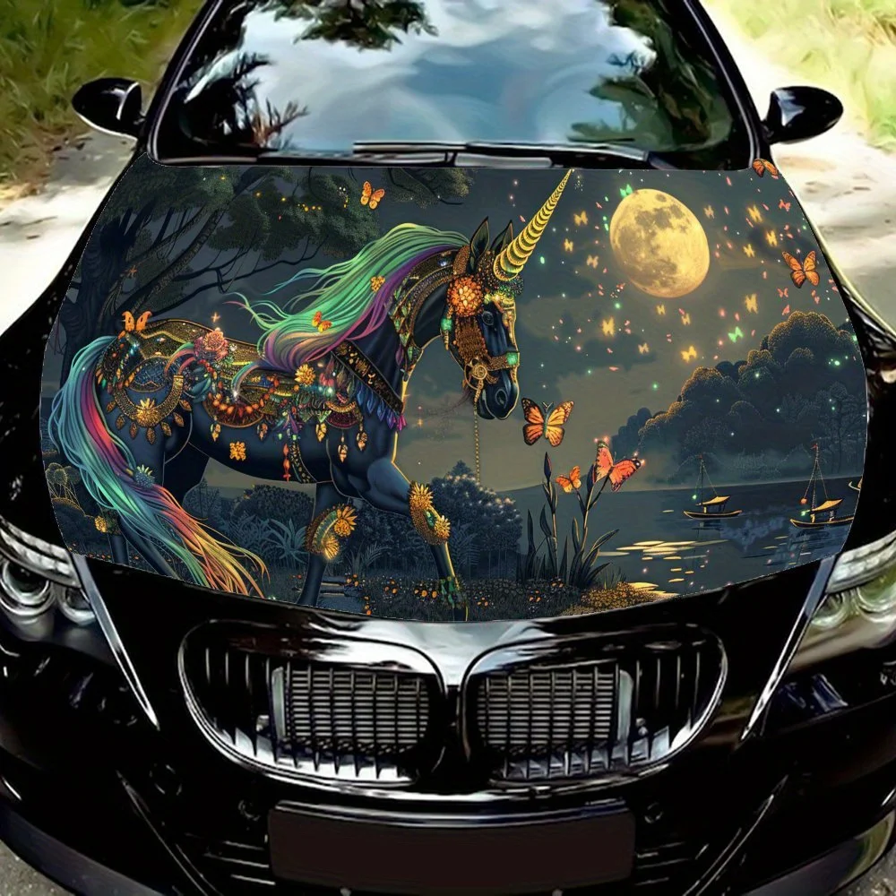 

Dark Horse Under the Moon Car Hood Vinyl Wraps Decal, Auto Exterior Protective Sticker, Waterproof Self-adhesive Car Body Decora