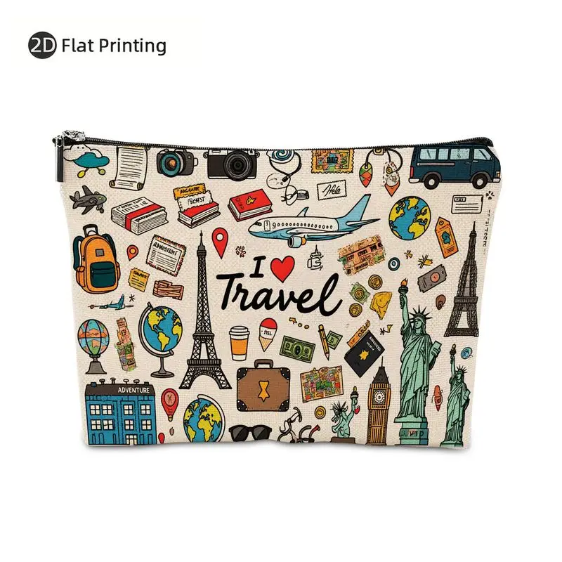 I Love Travel Cosmetic Bag Cartoon Eiffel Tower Statue of Liberty Airplane Zipper Pouch Versatile Makeup Organizer Toiletry