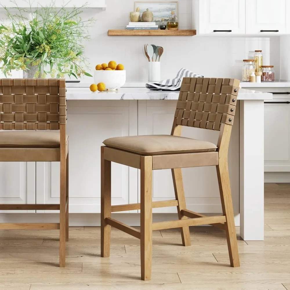 Leather Bar Stool,Counter Height Chair in Solid Wood Frame with Footrest and Woven Leather Back for Kitchen,Natural Brown