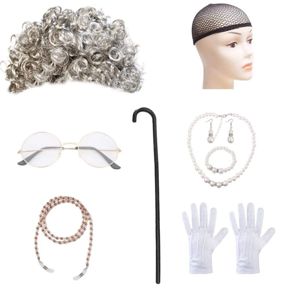 

PESENAR Retro Style Seven Piece Outfit Set (including Wig, Hairnet, Glasses, Cane, Pearl Accessories, Chain Rope, Gloves)