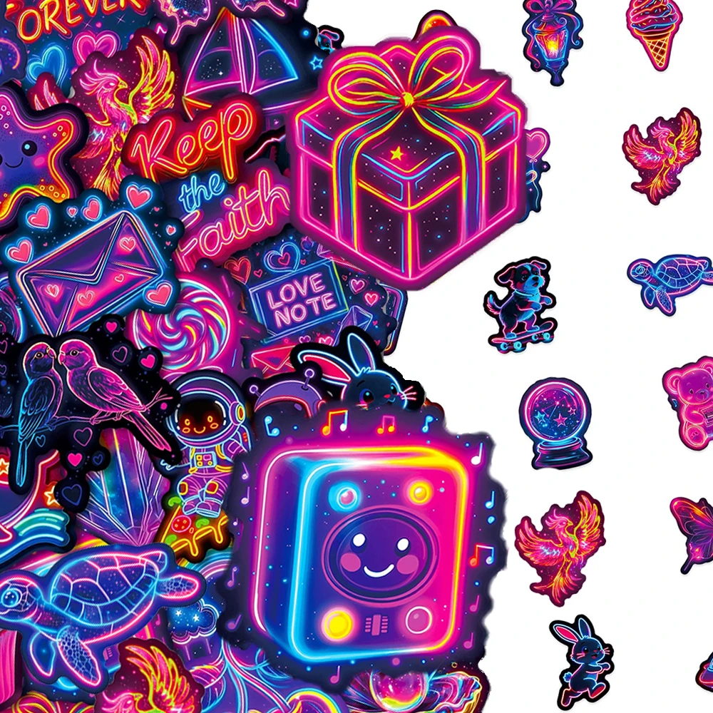 10/30/56pcs Funny Creative Neon Light Stickers Cute Cartoon Animals Cake Sticker Water Bottle Phone Suitcase Car Decals Toy Gift