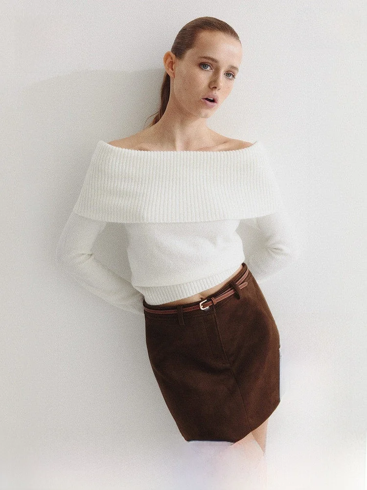 

H&M Зимний женский свитер с оголенями на плечах, простой повседневный облегающий обычный тонкий модный вязаный топ