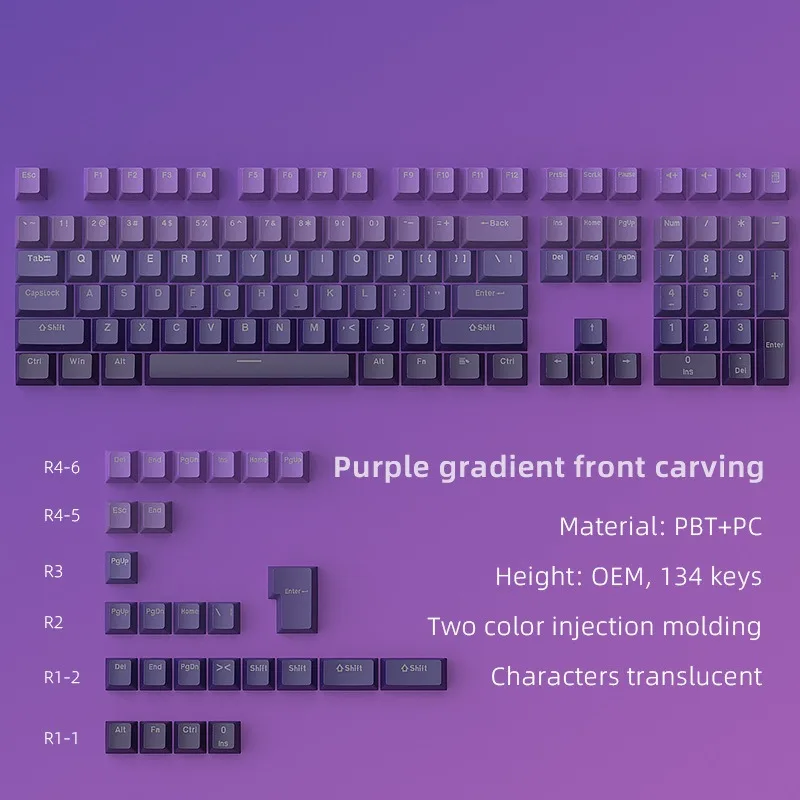 134 Keys PBT Keycaps Backlight Mechanical Keyboard Keycaps Dark Purple Two Tone Gradient 0EM Height Gaming Keyboard Accessories