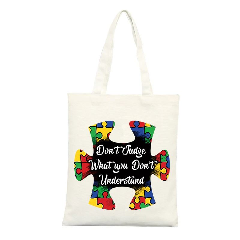 Canvas Tote Bag with Puzzle Piece and Slogan Print, Casual Style for Daily Use and Shopping