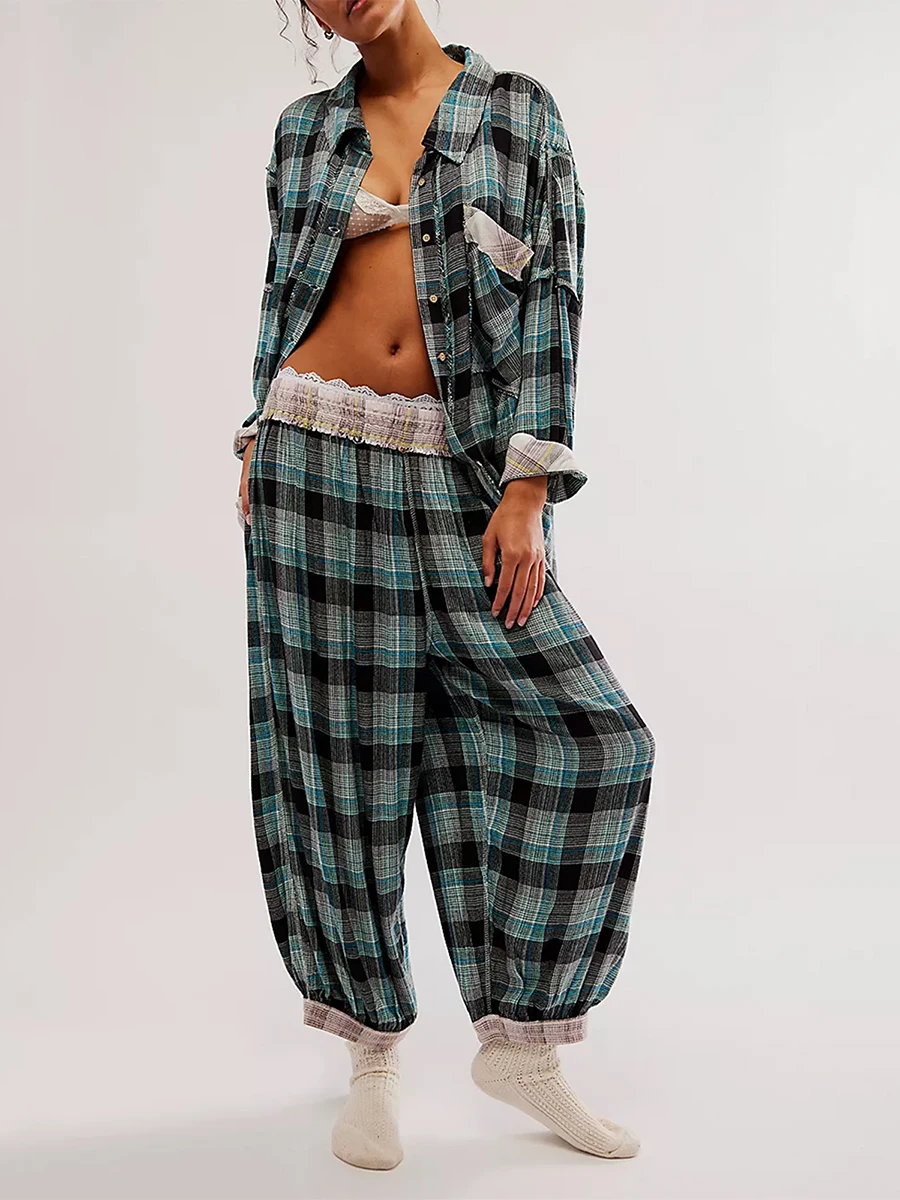 

Women Spring Fall Pants Outfits Plaid Turn-Down Collar Buttons Long Sleeve Shirts Tops Loose Pants 2 Pieces Clothes Lounge Set
