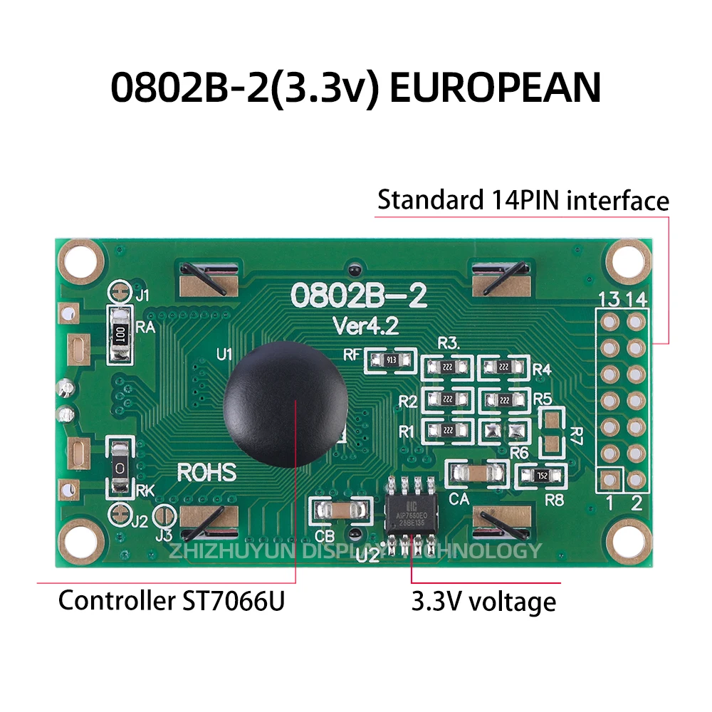 0802B-2 3.3V European Character LCD Module BTN Black Film Character LCD Screen Multi Language 14PIN LCD Screen