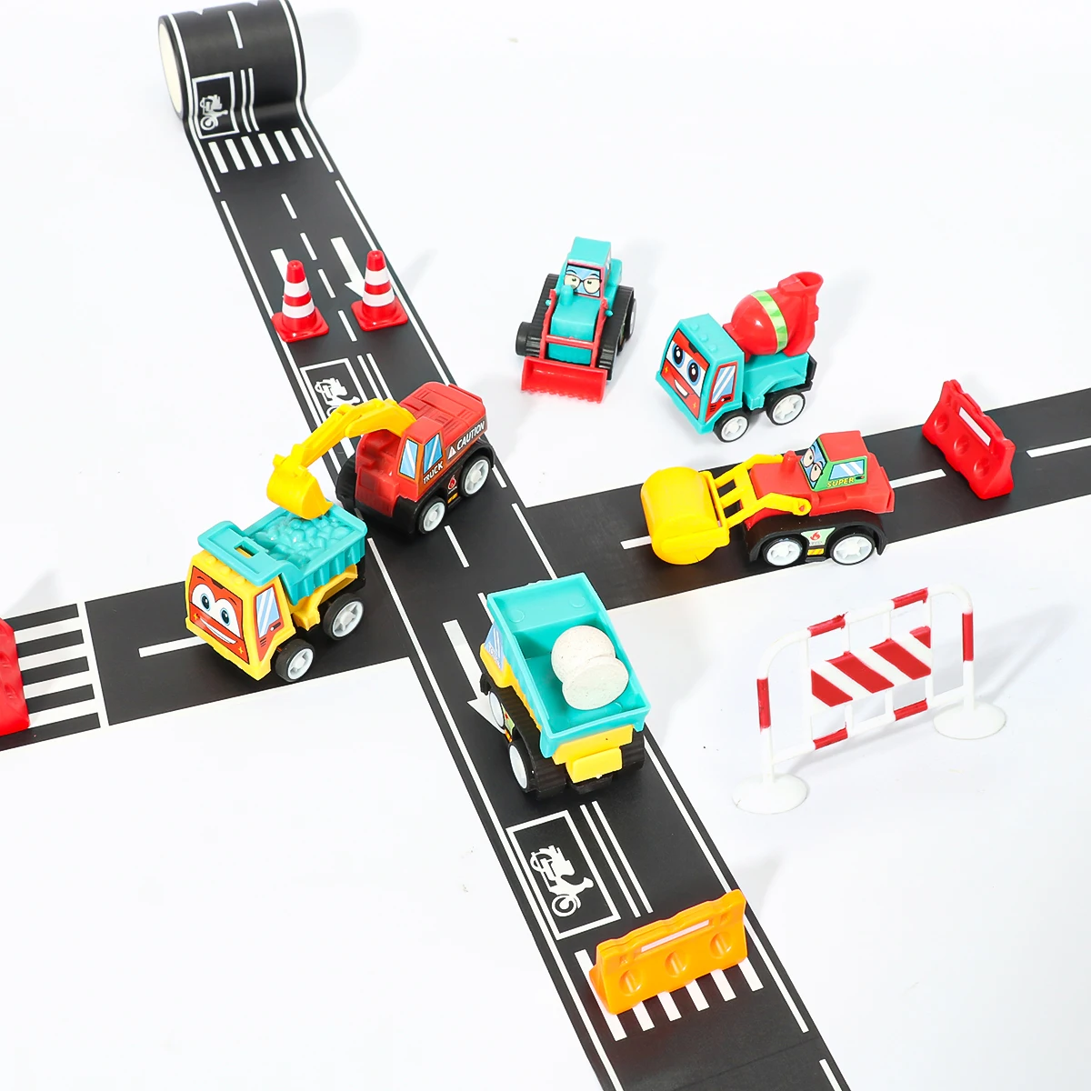 15Pcs Mini Inertial Pull Back Engineering Car Set with Road Tape & Barriers - Kids Cartoon Educational Craft Toys Birthday Gift